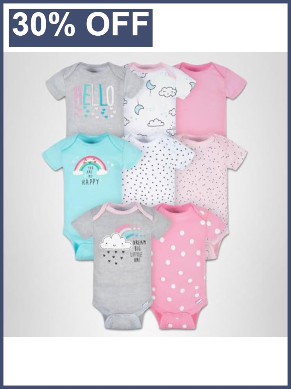 100% Cotton Baby Girls 8-Pack Short Sleeve Bodysuits Snaps Infant